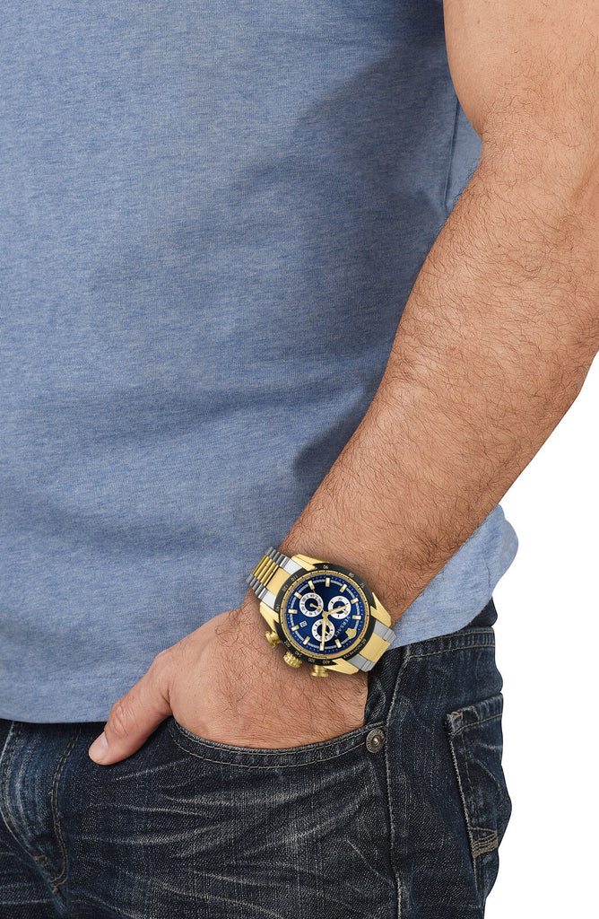 Versace V-Ray Chronograph Quartz Blue Dial Two Tone Steel Strap Watch For Men - VE2I01021 Buy Now By Versace