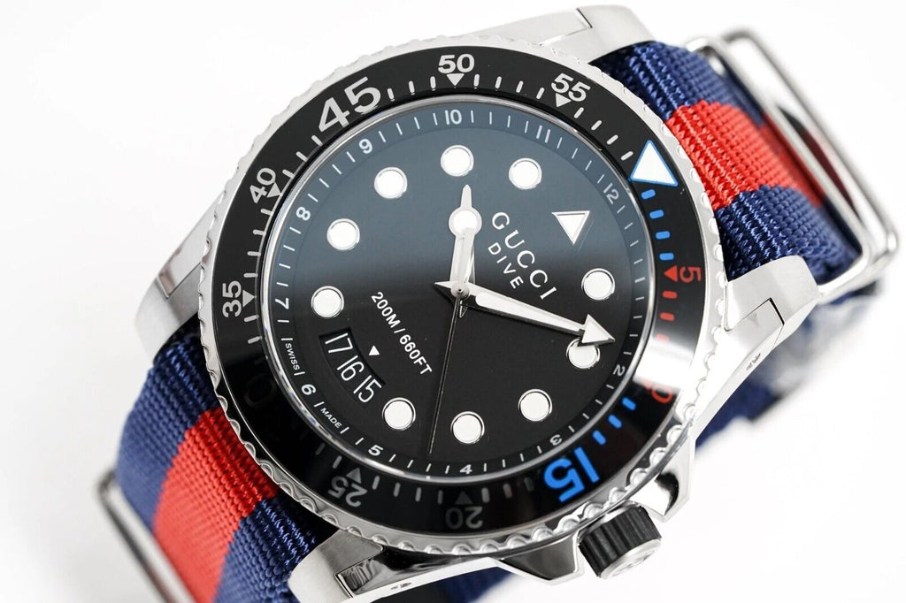 Gucci Dive Black Dial Red & Blue Nylon Strap Watch For Men - YA136210 Buy Now By Gucci