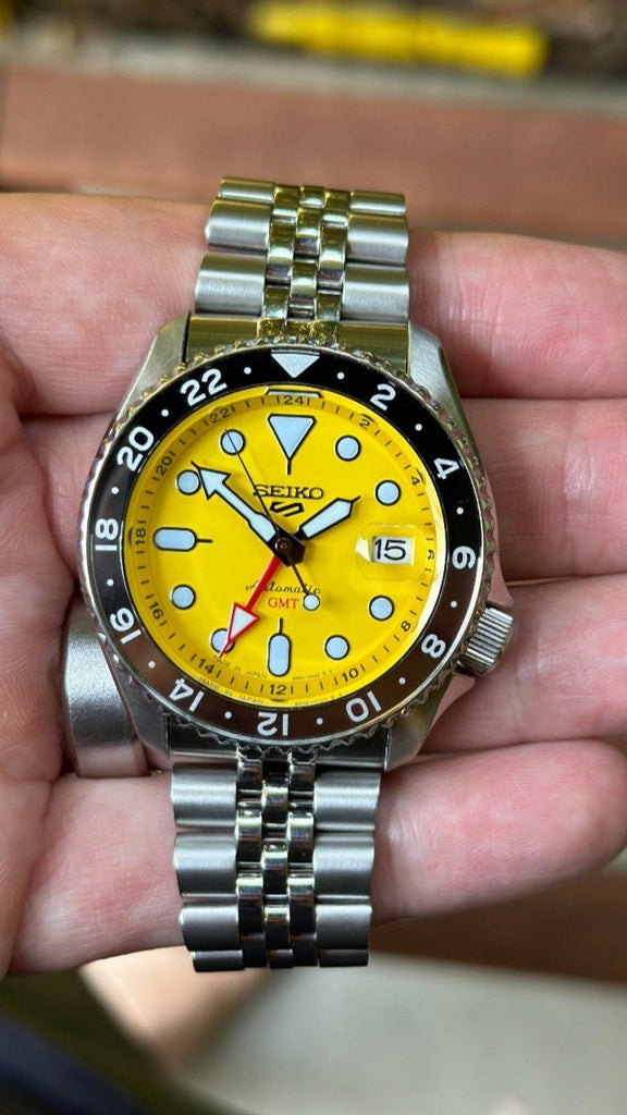 Seiko 5 Sport SKX GMT US Special Creation Automatic Yellow Dial Silver Steel Strap Watch for Men - SSK017K1 Buy Now By Seiko