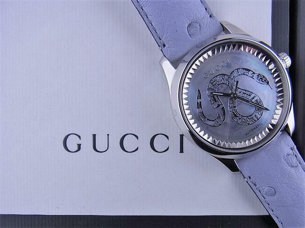 Gucci G Timeless Automatic Mother of Pearl Dial Blue Leather Strap Watch For Women - YA1264113 Buy Now By Gucci