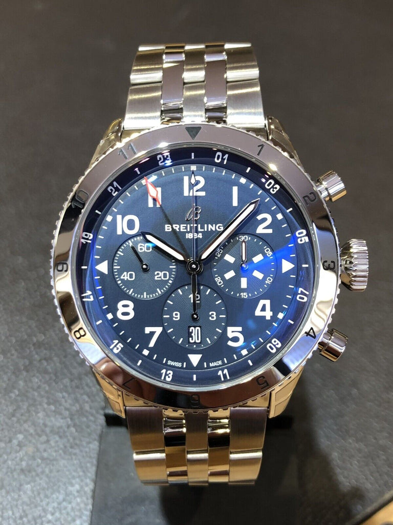 Breitling Super Avi B04 Chronograph GMT 46 Tribute to Vought F4U Corsair Blue Dial Silver Steel Strap Watch for Men - AB04451A1C1A1 Buy Now By Breitling