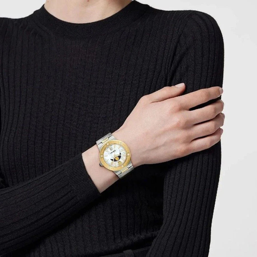 Versace Greca Logo Moonphase Mother of Pearl Dial Two Tone Steel Strap Watch for Women - VE7G00524 Buy Now By Versace