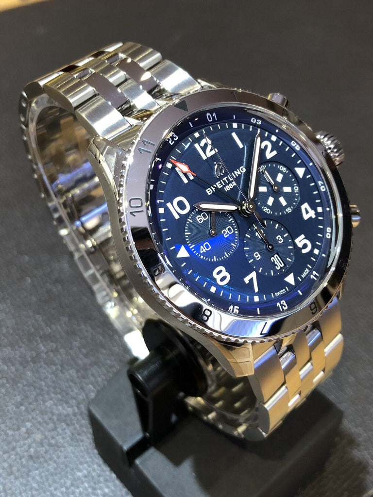 Breitling Super Avi B04 Chronograph GMT 46 Tribute to Vought F4U Corsair Blue Dial Silver Steel Strap Watch for Men - AB04451A1C1A1 Buy Now By Breitling