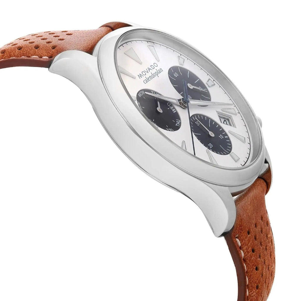 Movado Heritage Calendoplan Chronograph White Dial Brown Leather Strap Watch for Men - 3650008 Buy Now By Movado