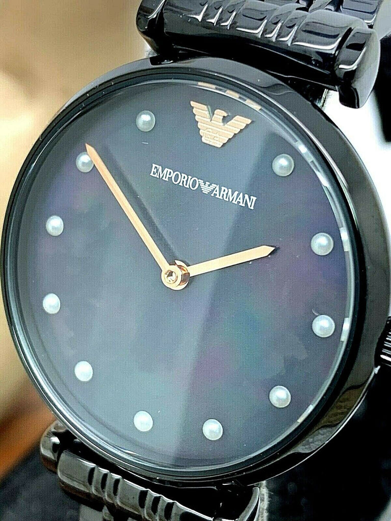 Emporio Armani Gianni T-Bar Quartz Black Mother of Pearl Dial Black Steel Strap Watch For Women - AR11268 Buy Now By Emporio Armani