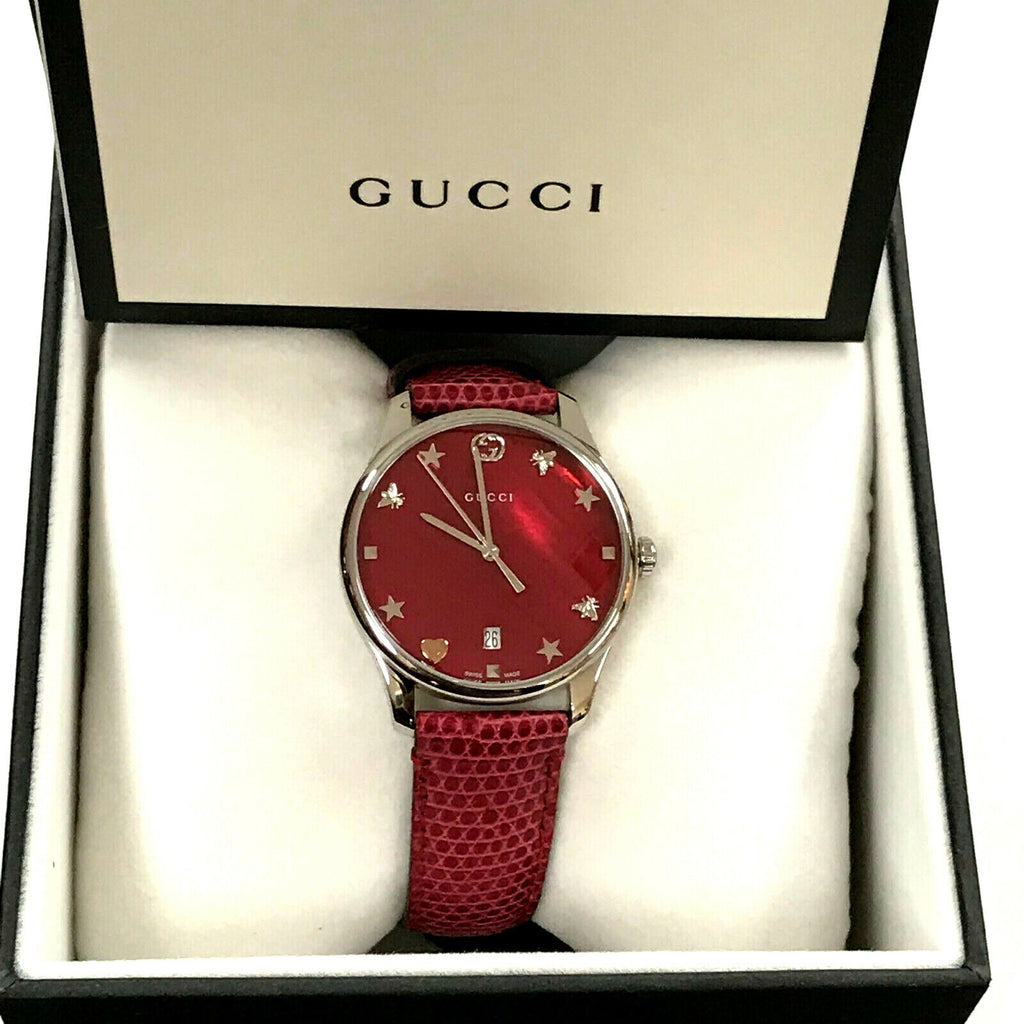 Gucci G-Timeless Mother of Pearl Red Dial Red Leather Strap Watch For Women - YA1264041 Buy Now By Gucci
