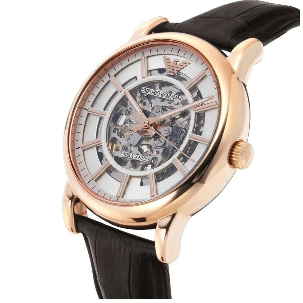 Emporio Armani Meccanico Silver Skeleton Dial Brown Leather Strap Watch For Men - AR1983 Buy Now By Emporio Armani