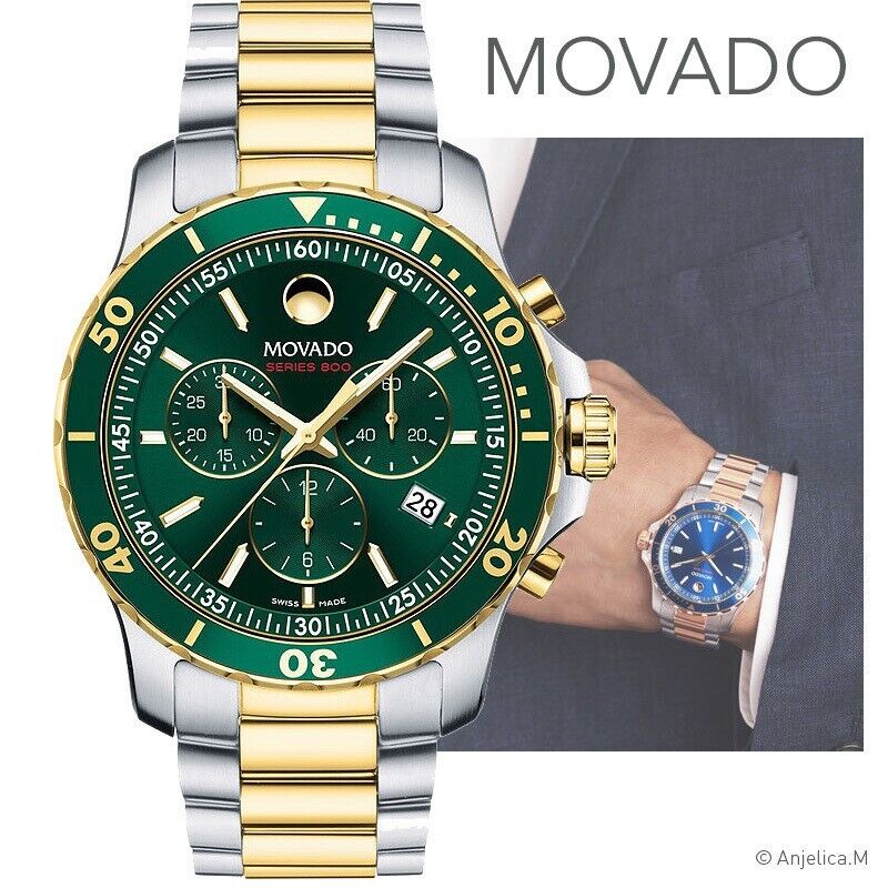 Movado Series 800 Chronograph Green Dial Two Tone Steel Strap Watch For Men - 2600148 Buy Now By Movado