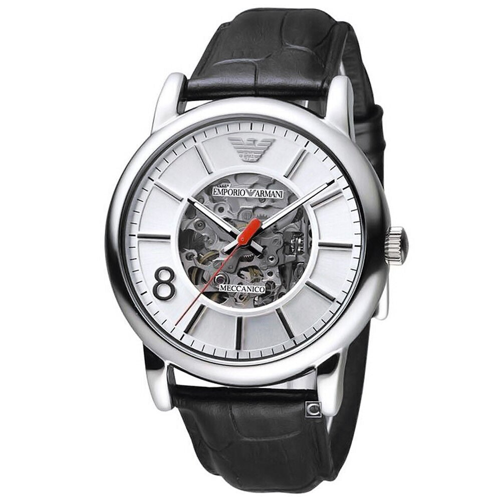 Emporio Armani Meccanico Silver Skeleton Dial Black Leather Watch For Men - AR1997 Buy Now By Emporio Armani