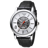 Emporio Armani Meccanico Silver Skeleton Dial Black Leather Watch For Men - AR1997 Buy Now By Emporio Armani
