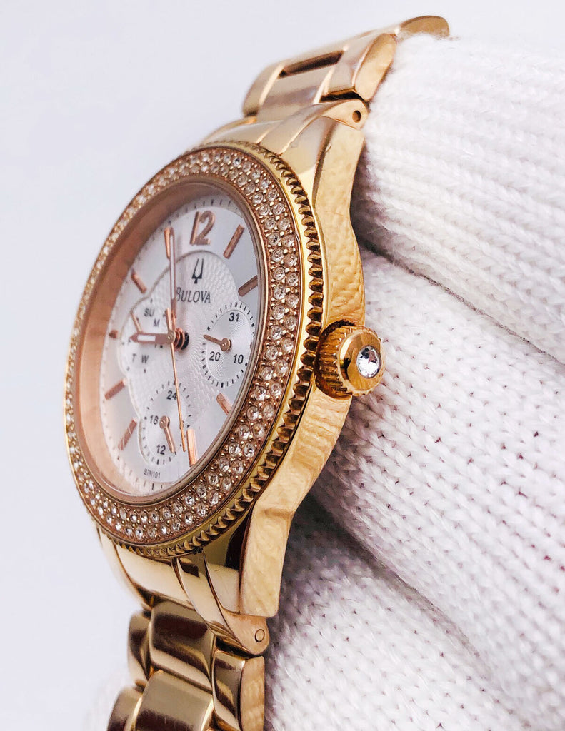 Bulova Crystal Silver Dial Rose Gold Steel Strap Watch for Women - 97N101 Buy Now By Bulova