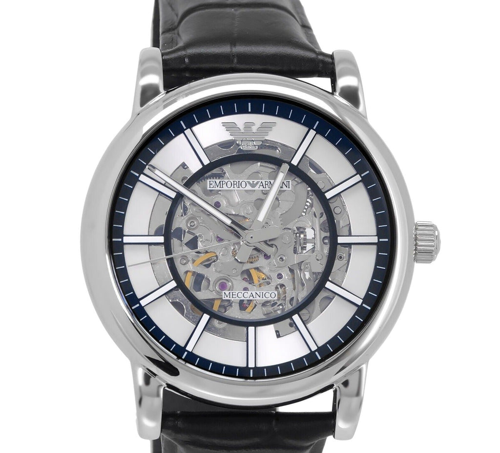 Emporio Armani Luigi Silver Skeleton Dial Black Leather Strap Watch For Men - AR1981 Buy Now By Emporio Armani