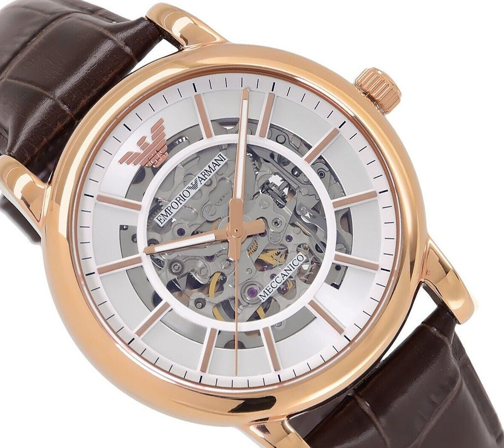 Emporio Armani Meccanico Silver Skeleton Dial Brown Leather Strap Watch For Men - AR1983 Buy Now By Emporio Armani