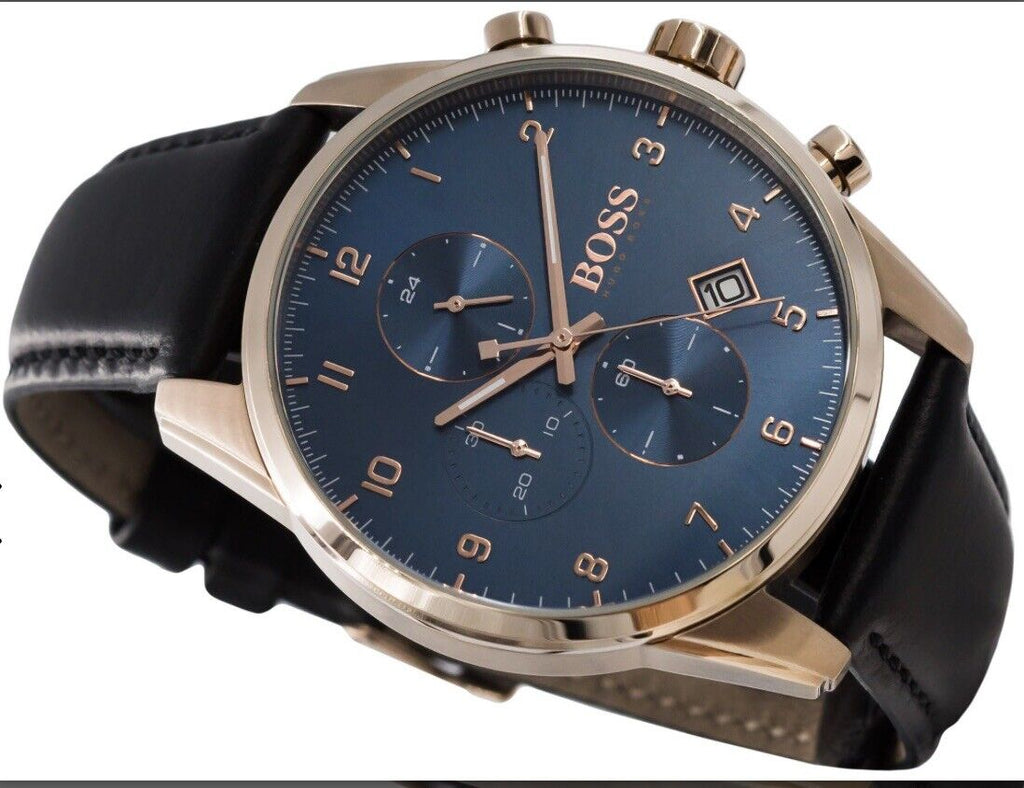 Hugo Boss Skymaster Chronograph Blue Dial Black Leather Strap Watch for Men - 1513783 Buy Now By Hugo Boss