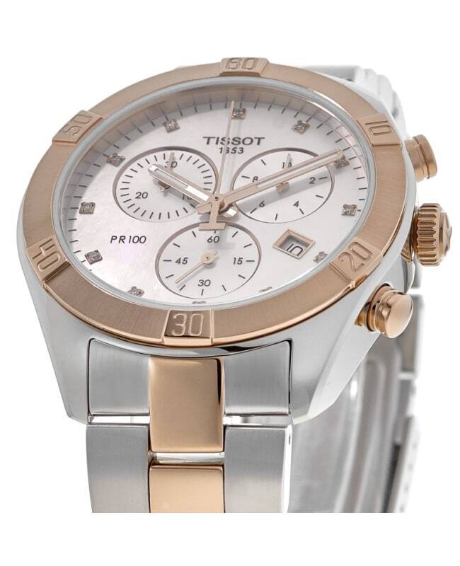 Tissot PR 100 Sport Chic Chronograph Diamonds Mother of Pearl Dial Two Tone Steel Strap Watch for Women - T101.917.22.116.00 Buy Now By Tissot