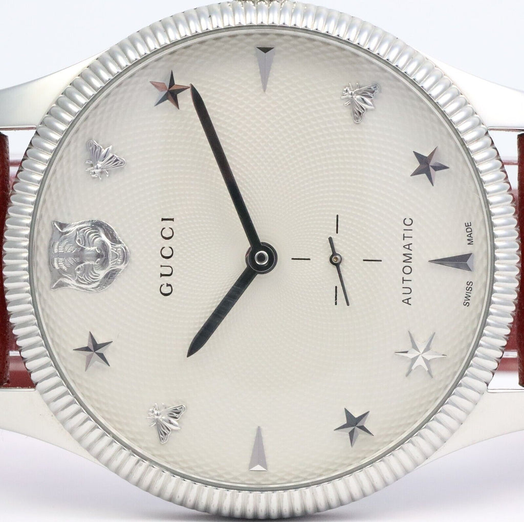 Gucci G Timeless Automatic Silver Dial Red Leather Strap Watch For Men - YA126346 Buy Now By Gucci