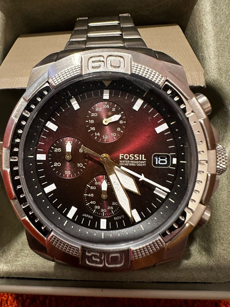 Fossil Bronson Chronograph Red Dial Silver Steel Strap Watch for Men - FS5878 Buy Now By Fossil