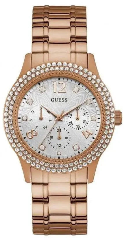 Guess Bedazzle Diamonds Silver Dial Rose Gold Steel Strap Watch For Women - W1097L3 Buy Now By Guess