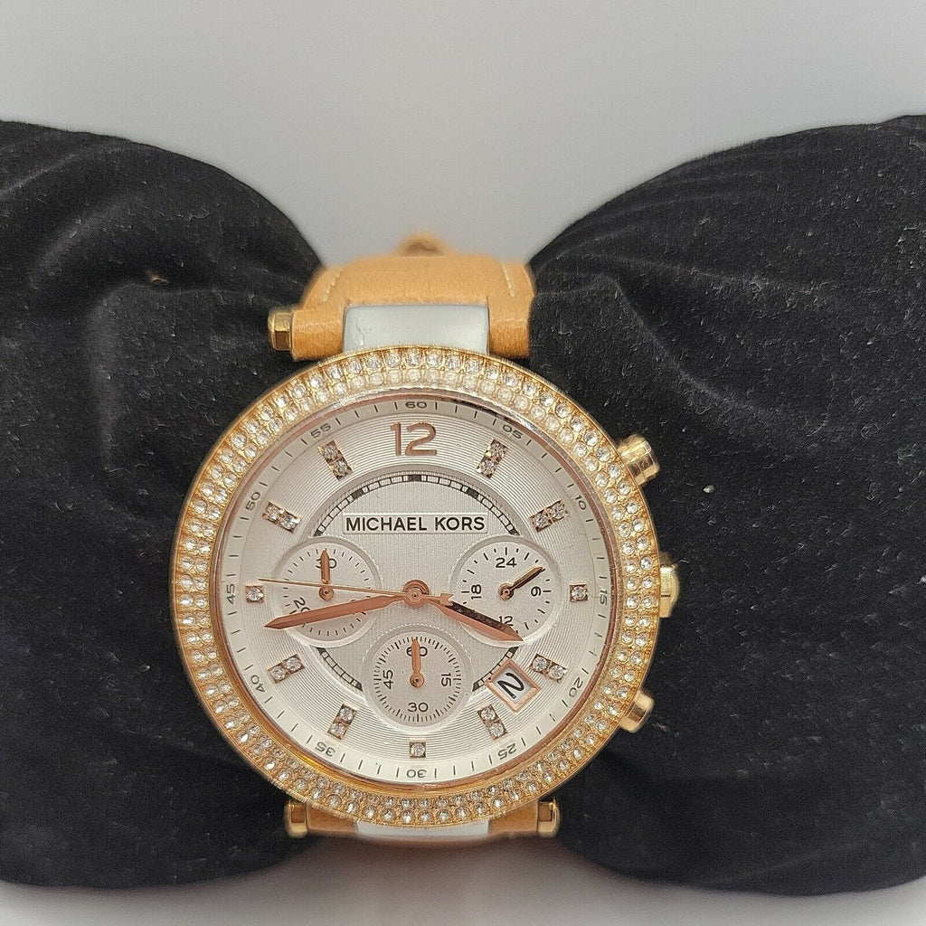 Michael Kors Parker Chronograph White Dial Tan Leather Strap Watch for Women - MK5633