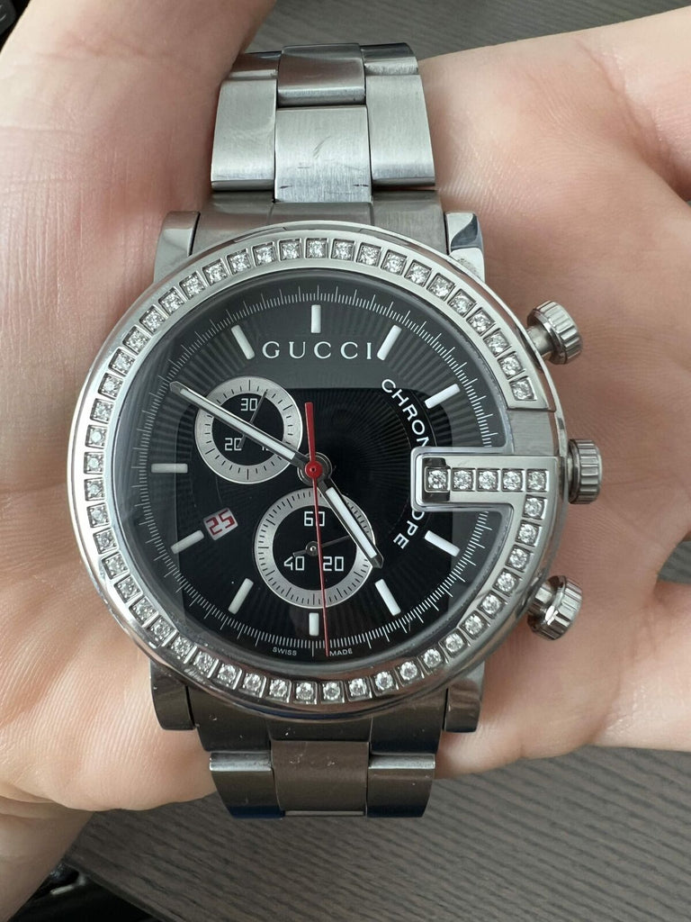 Gucci G Chrono Diamonds Black Dial Silver Steel Strap Watch For Men - YA101324 Buy Now By Gucci