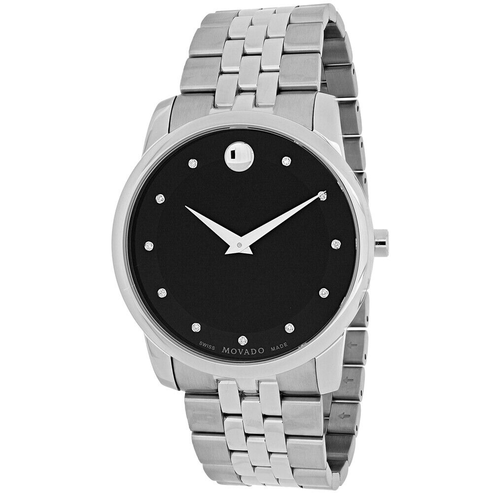Movado Museum Diamonds Black Dial Silver Steel Strap Watch For Men - 606878 Buy Now By Movado