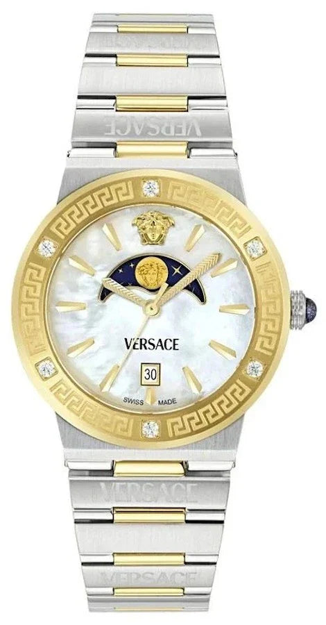 Versace Greca Logo Moonphase Mother of Pearl Dial Two Tone Steel Strap Watch for Women - VE7G00524 Buy Now By Versace