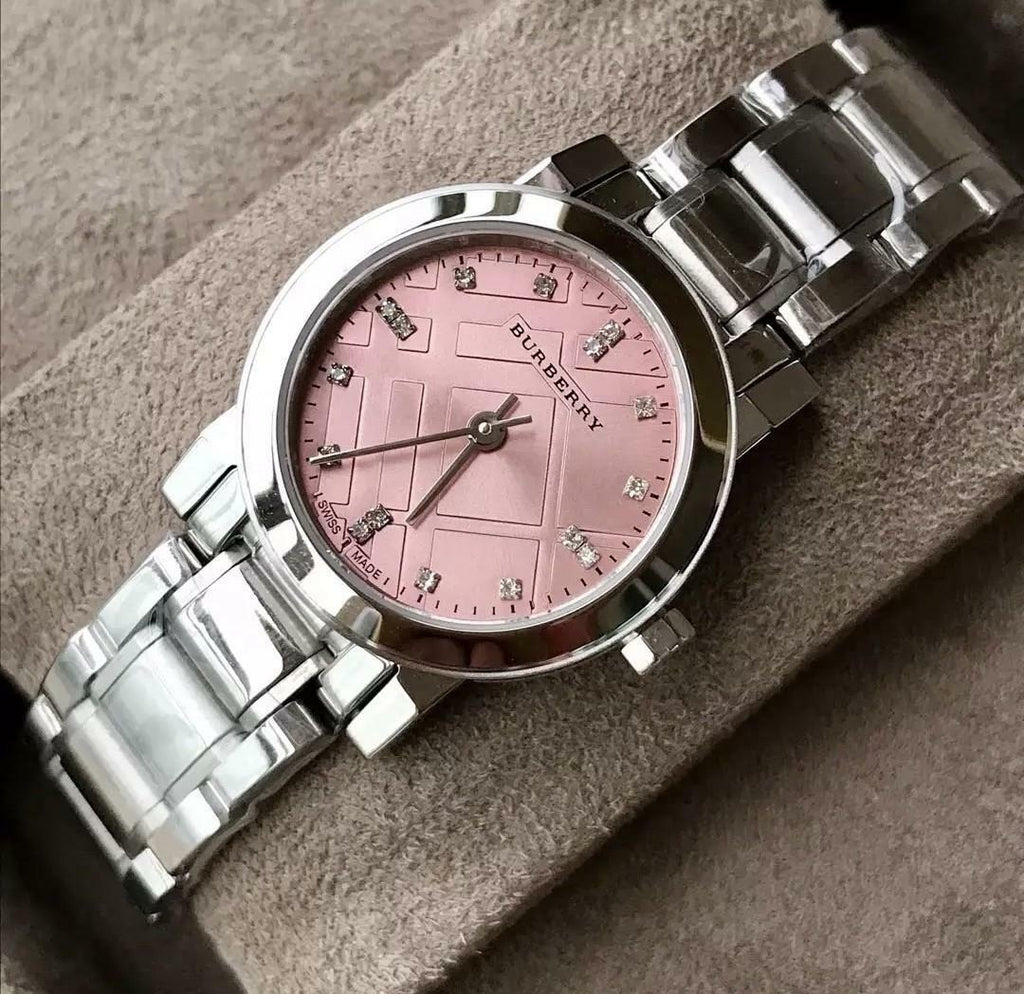 Burberry The City Diamonds Pink Dial Silver Steel Strap Watch for Women - BU9223 Buy Now By Burberry