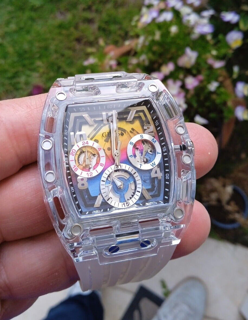 Guess Phoenix Polycarbonate Clear Multi-function Black Dial Clear Rubber Strap Watch for Men - GW0499G3 Buy Now By Guess