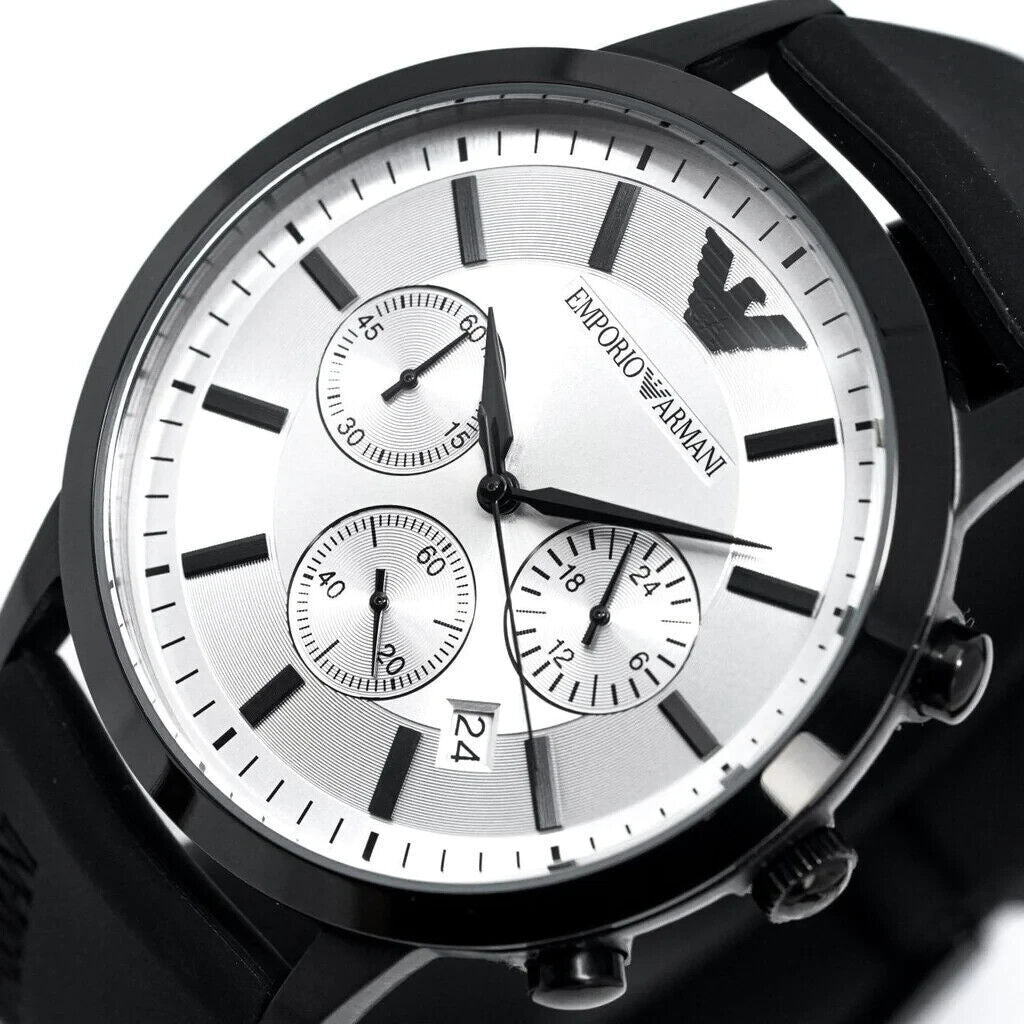 Emporio Armani Chronograph Quartz Silver Dial Black Rubber Strap Watch For Men - AR11048 Buy Now By Emporio Armani