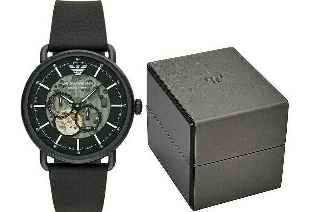 Emporio Armani Meccanico Automatic Skeleton Dial Black Leather Strap Watch For Men - AR60008 Buy Now By Emporio Armani