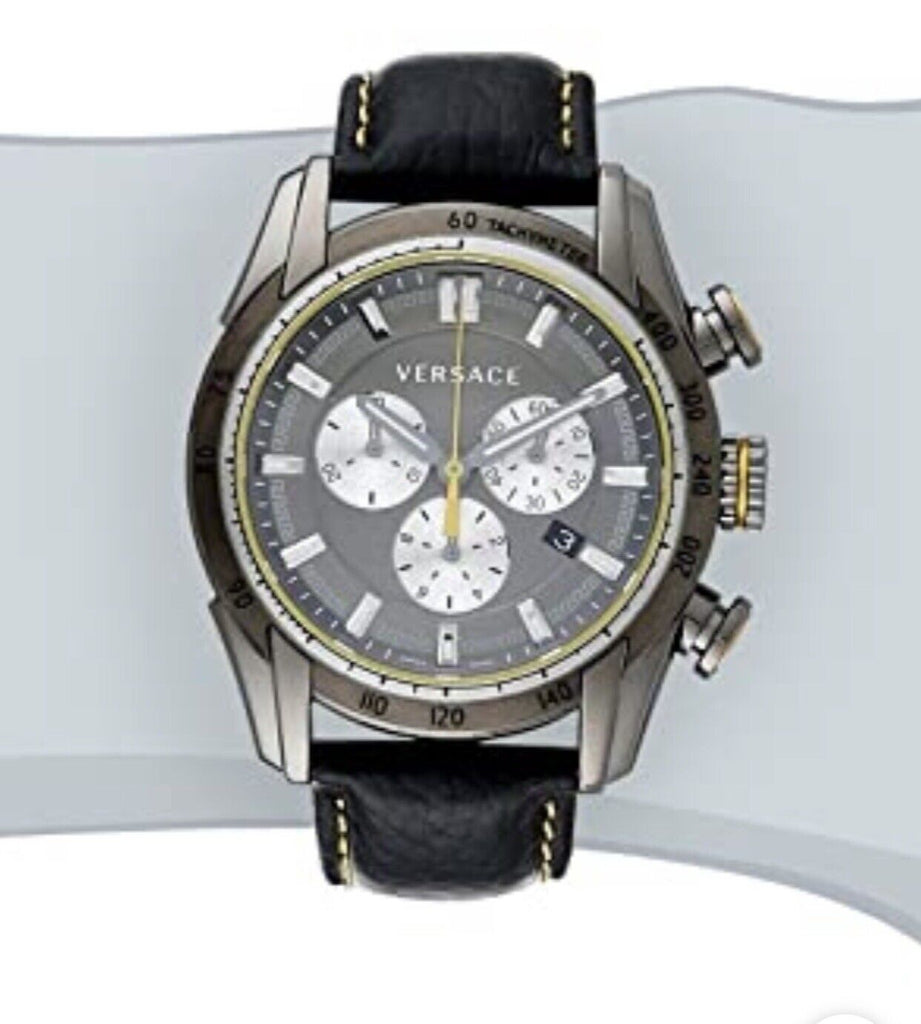 Versace V Ray Chronograph Grey Dial Black Leather Strap Watch for Men - VDB020014 Buy Now By Versace
