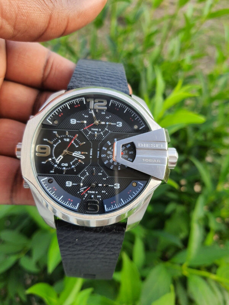 Diesel Uber Chief Oversized 4 Time Black Dial Leather Strap Watch For Men - DZ7376 Buy Now By Diesel