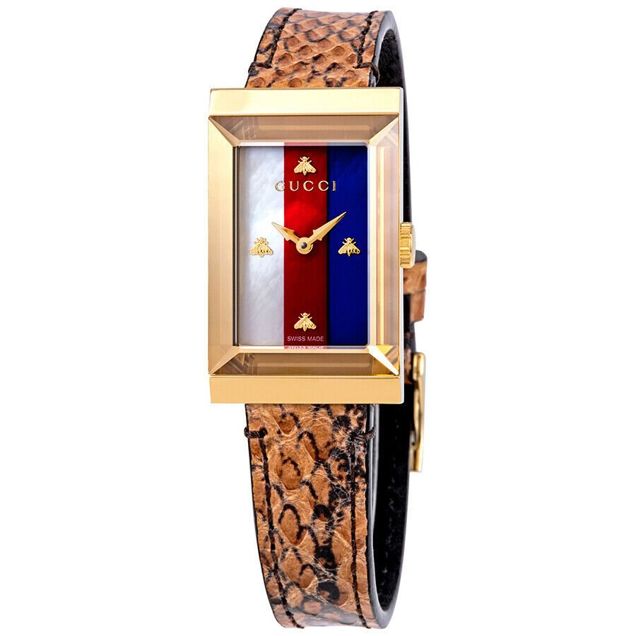 Gucci G-Frame Mother of Pearl Dial Brown Leather Snakeskin Strap Watch For Women - YA147402 Buy Now By Gucci