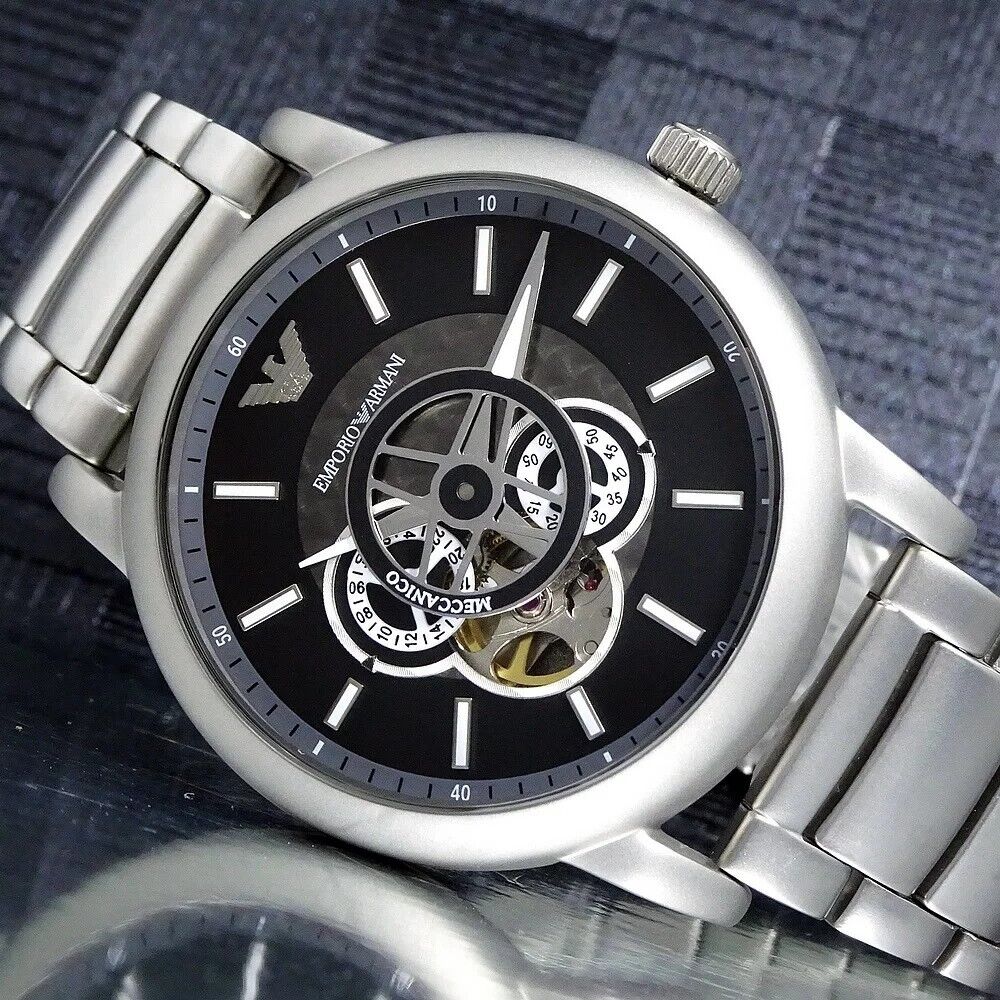 Emporio Armani Meccanico Automatic Skeleton Black Dial Silver Steel Strap Watch For Men - AR60021 Buy Now By Emporio Armani