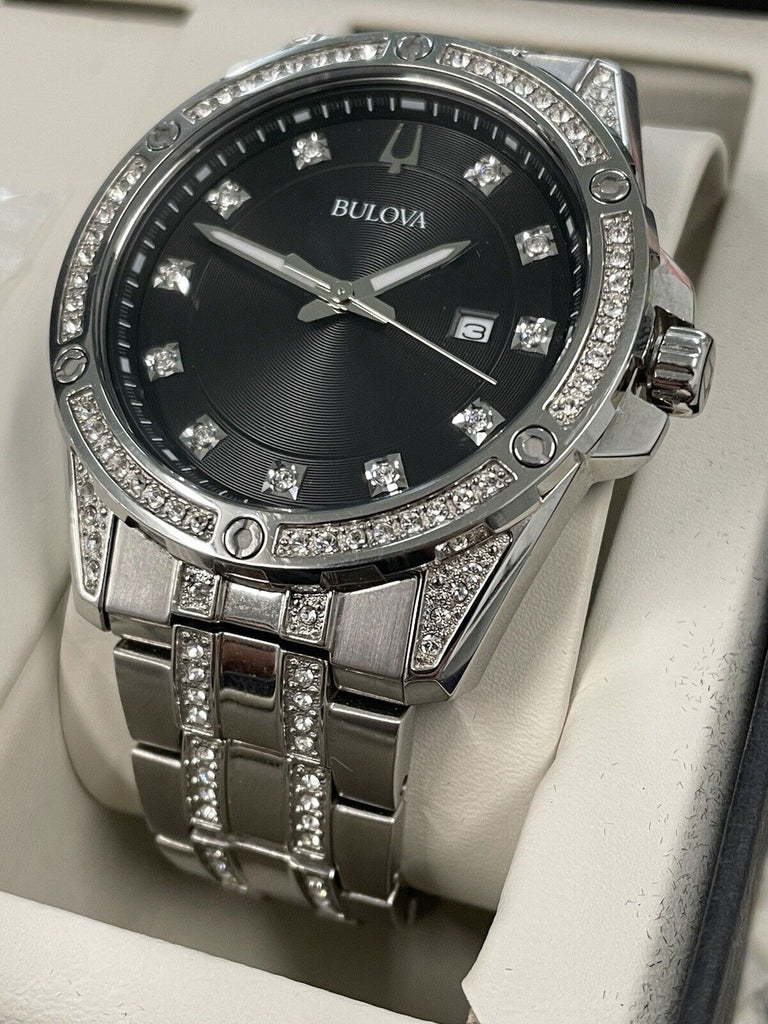 Bulova Crystal Collection Black Dial Silver Steel Strap Watch for Men - 96K104 Buy Now By Bulova