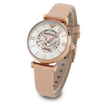 Emporio Armani Meccanico Silver Skeleton Dial Beige Leather Strap Watch For Women - AR60001 Buy Now By Emporio Armani