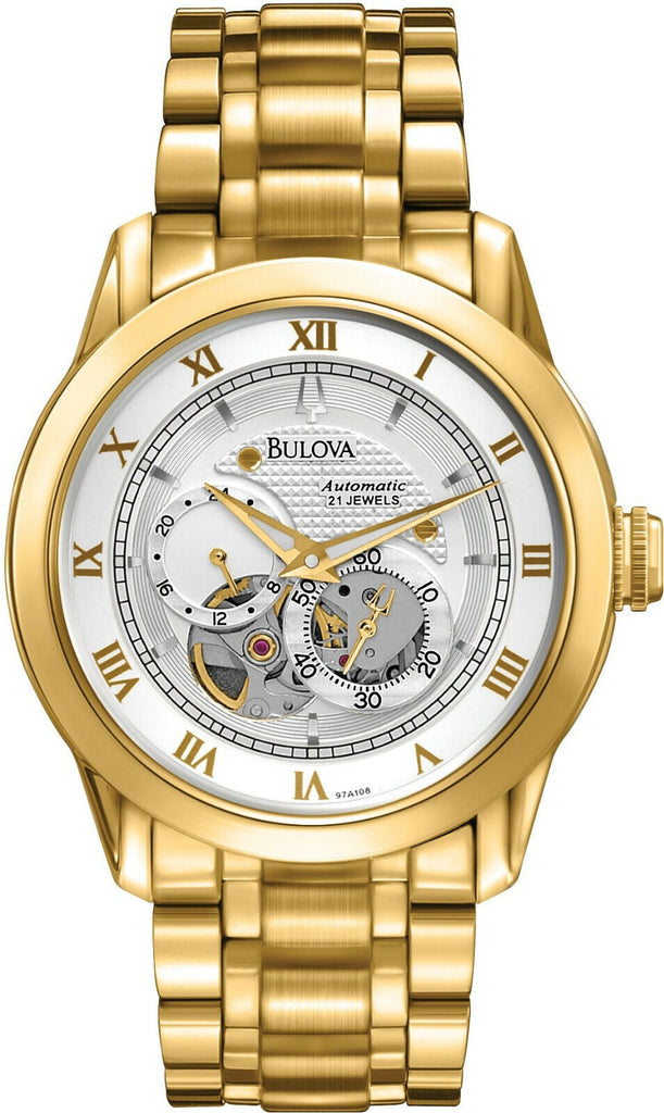 Bulova BVA Skeleton Silver Dial Gold Steel Strap Watch for Men - 97A108 Buy Now By Bulova