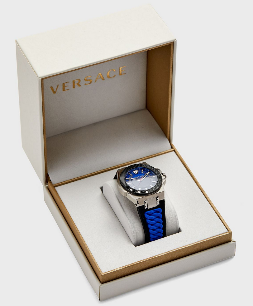 Versace Chain Reaction Quartz Blue Dial Blue & Black Leather Strap Watch for Men - VEDY00119 Buy Now By Versace