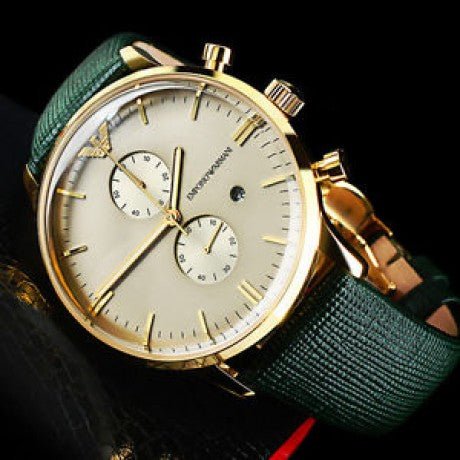 Emporio Armani Chronograph Champagne Dial Green Leather Strap Watch For Men - AR1722 Buy Now By Emporio Armani