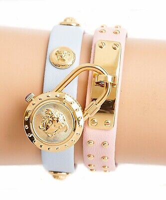 Versace Medusa Lock Icon Quartz Gold Dial Pink & Blue Leather Strap Watch For Women - VEDW00219 Buy Now By Versace
