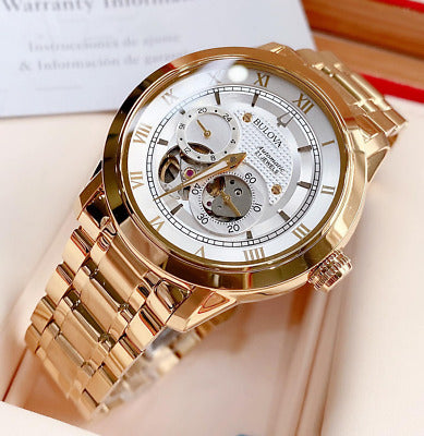 Bulova BVA Skeleton Silver Dial Gold Steel Strap Watch for Men - 97A108 Buy Now By Bulova