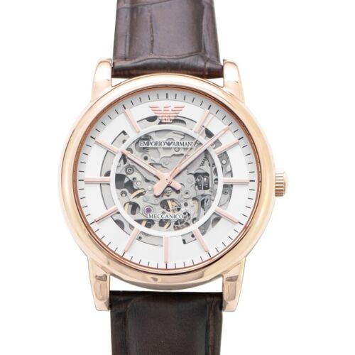 Emporio Armani Meccanico Silver Skeleton Dial Brown Leather Strap Watch For Men - AR1983 Buy Now By Emporio Armani