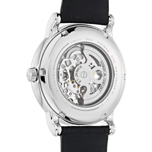 Emporio Armani Meccanico Silver Skeleton Dial Black Leather Watch For Men - AR1997 Buy Now By Emporio Armani