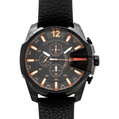 Diesel Mega Chief Chronograph Black Dial Black Leather Strap Watch For Men - DZ4291 Buy Now By Diesel