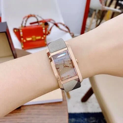 Burberry The Pioneer Rose Gold Dial Haymarket Brown Leather Strap Watch for Women - BU9408 Buy Now By Burberry