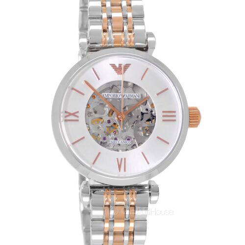 Emporio Armani Gianni T Bar Silver Skeleton Dial Two Tone Strap Watch For Women - AR1992 Buy Now By Emporio Armani