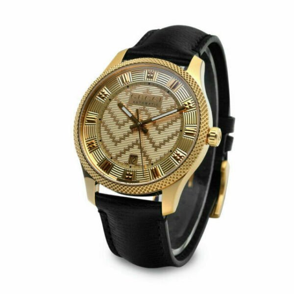 Gucci Eryx Automatic Chevron Gold Dial Black Leather Strap Watch For Men - YA126340 Buy Now By Gucci