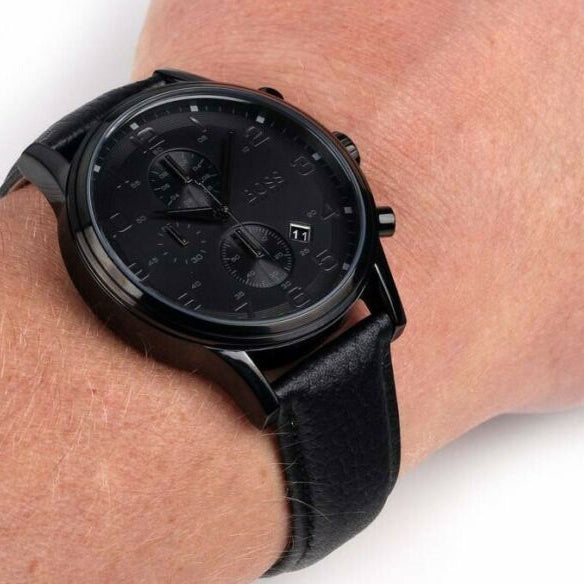 Hugo Boss Blackout Chronograph Black Dial Black Leather Strap Watch For Men - HB1512567 Buy Now By Hugo Boss