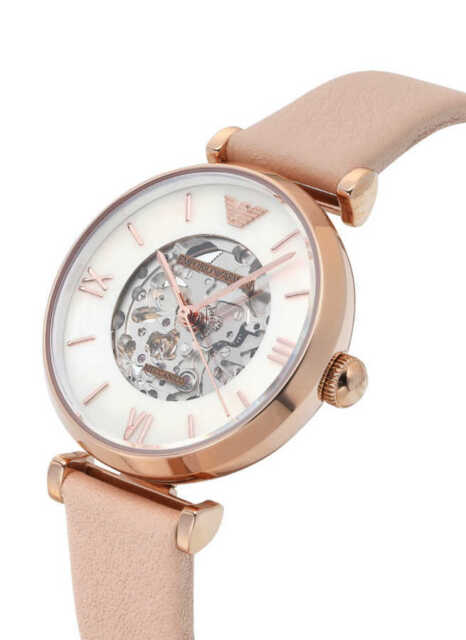 Emporio Armani Meccanico Silver Skeleton Dial Beige Leather Strap Watch For Women - AR60001 Buy Now By Emporio Armani