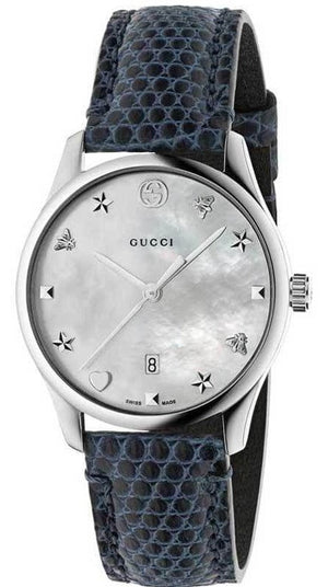 Gucci G-Timeless Signature Mother of Pearl Silver Dial Blue Leather Strap Watch For Women - YA1264049 Buy Now By Gucci